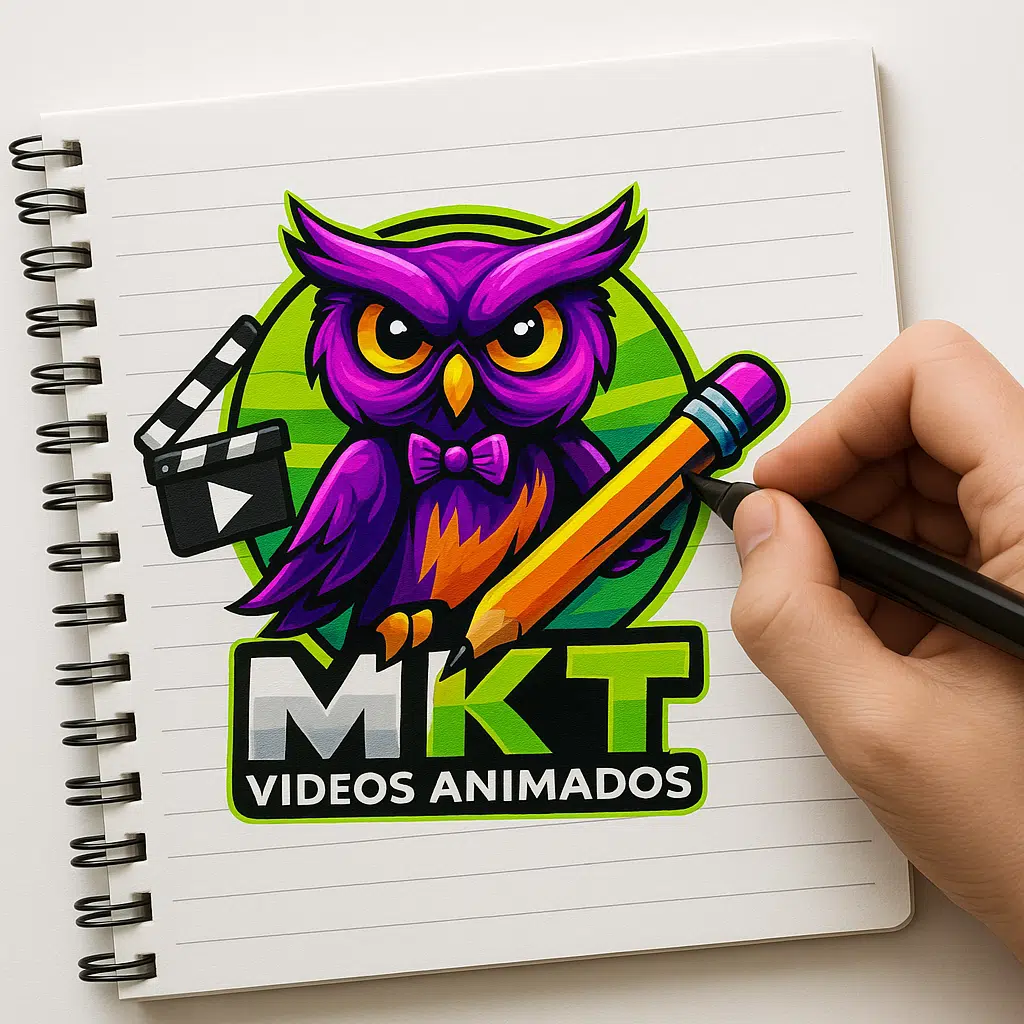 Copilot_20250604_153041 Um caderno com a logomarca da Mkt Vídeos Animados e uma mãozinha desenhando,