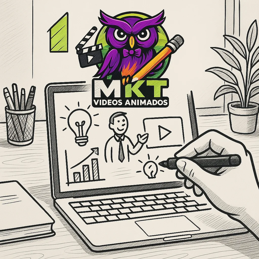 Vídeos Explicativos personalizados Um notebook com a mãozinha desenhando, simbolizando o estilo whiteboard.