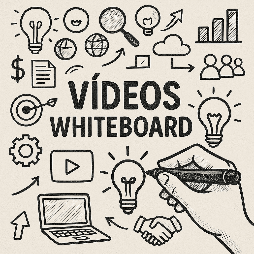 Vídeos no estilo whiteboard A mãozinha está desenhando ícones em um vídeo whiteboard.