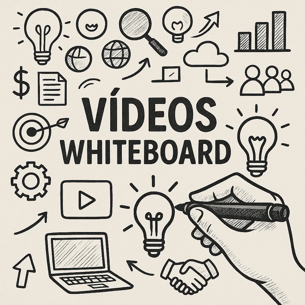 Vídeos no estilo whiteboard A mãozinha está desenhando ícones em um vídeo whiteboard.